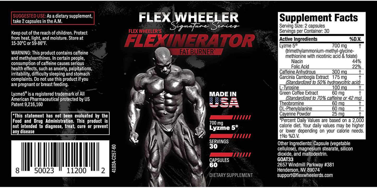 Flex Wheeler Signature Series, Flexinerator Fat Burner, Weight Loss Dietary Supplement, Appetite Suppressant, Metabolism and Energy Booster For Men and Women (60 Capsules)