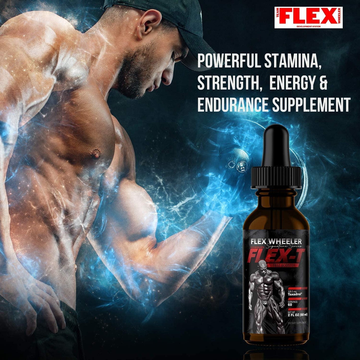 Flex Wheeler Signature Series Flex-T Testosterone Booster for Men, Male with Taxadrol - Preworkout Bodybuilding Supplement for Extra Energy, Strength and Performance - Liquid Test Booster - 60 Servings