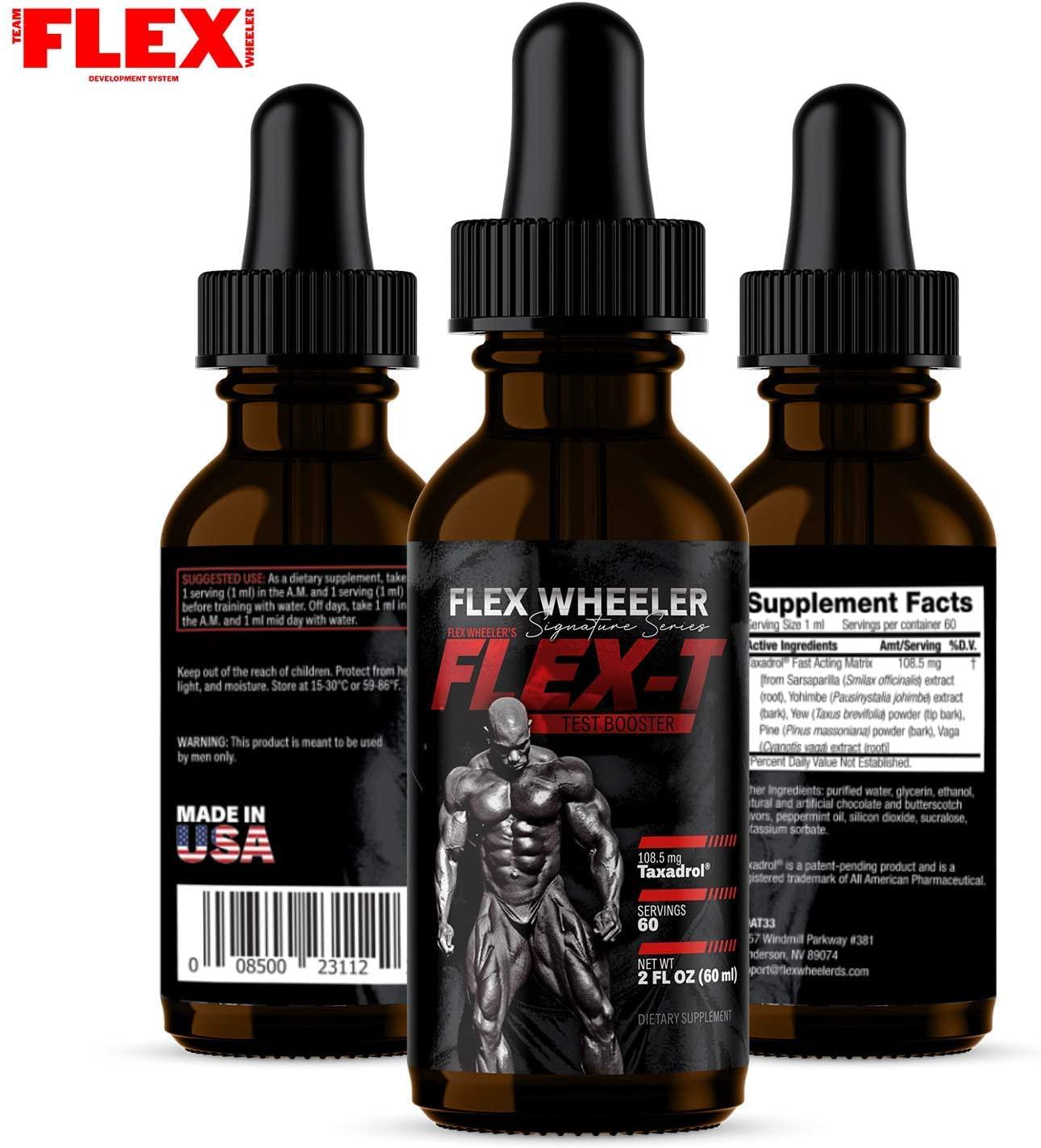 Flex Wheeler Signature Series Flex-T Testosterone Booster for Men, Male with Taxadrol - Preworkout Bodybuilding Supplement for Extra Energy, Strength and Performance - Liquid Test Booster - 60 Servings