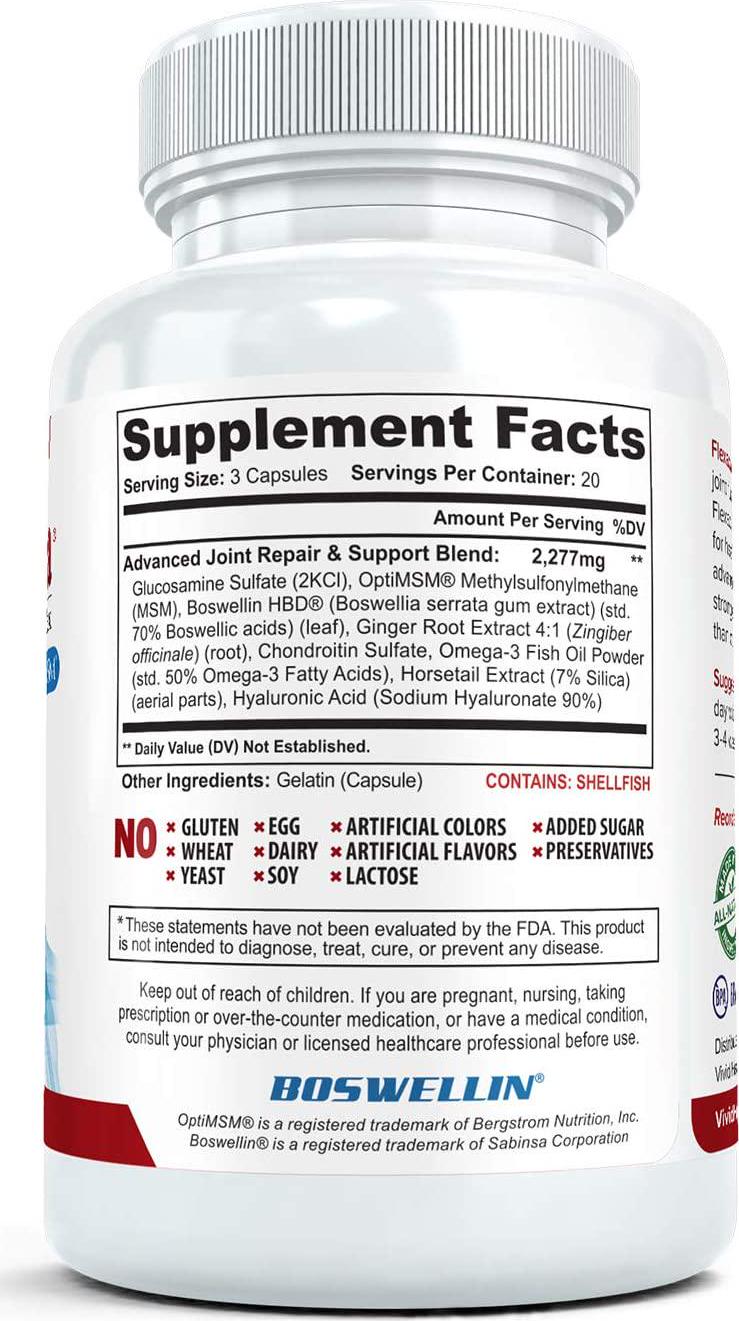 Flexacil Ultra - Maximum Strength Joint Pain Relief Supplement (3 Bottles) | Glucosamine, Chondroitin, Hyaluronic Acid and MSM | Anti-Inflammatory for Healthy Hand, Back and Knee Function | 60 Caps Each