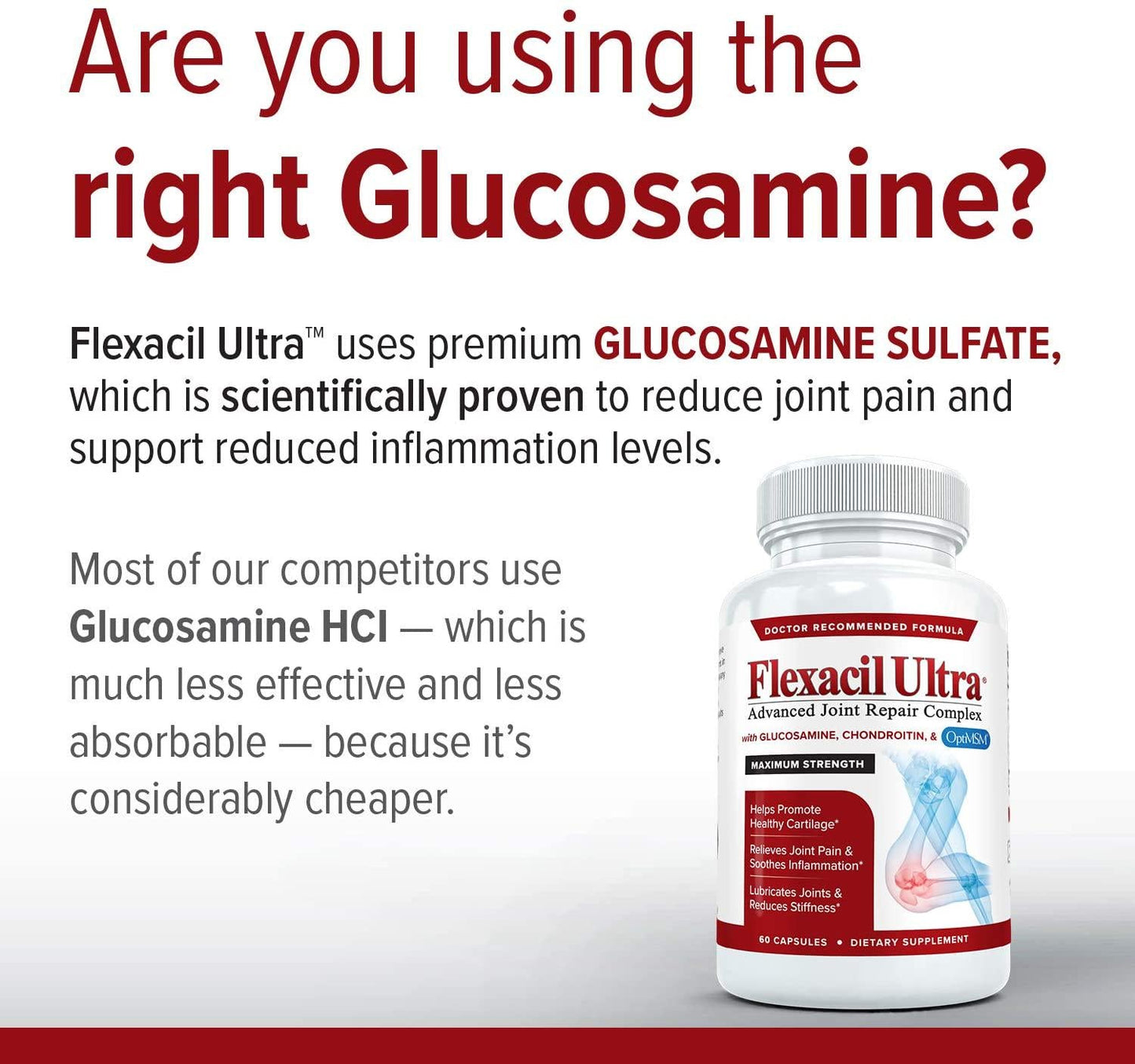 Flexacil Ultra - Maximum Strength Joint Pain Relief Supplement (3 Bottles) | Glucosamine, Chondroitin, Hyaluronic Acid and MSM | Anti-Inflammatory for Healthy Hand, Back and Knee Function | 60 Caps Each