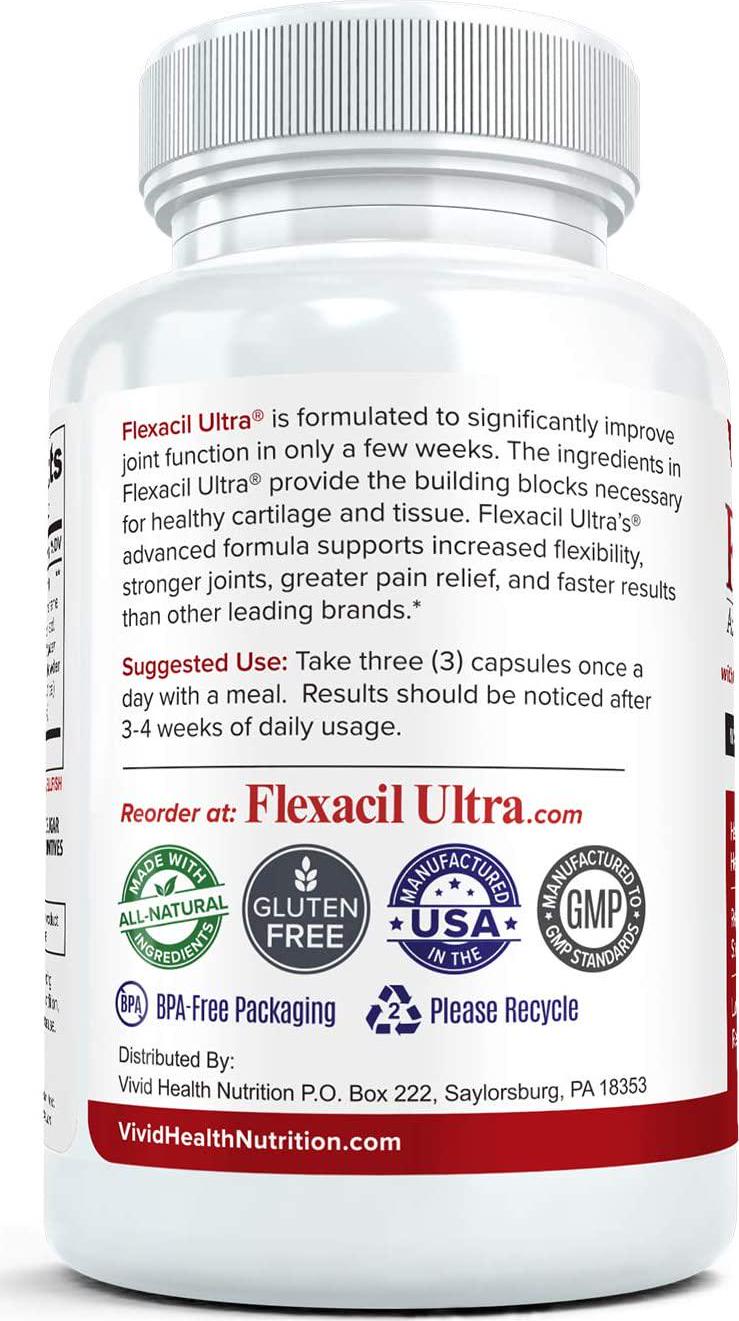 Flexacil Ultra - Maximum Strength Joint Pain Relief Supplement (3 Bottles) | Glucosamine, Chondroitin, Hyaluronic Acid and MSM | Anti-Inflammatory for Healthy Hand, Back and Knee Function | 60 Caps Each