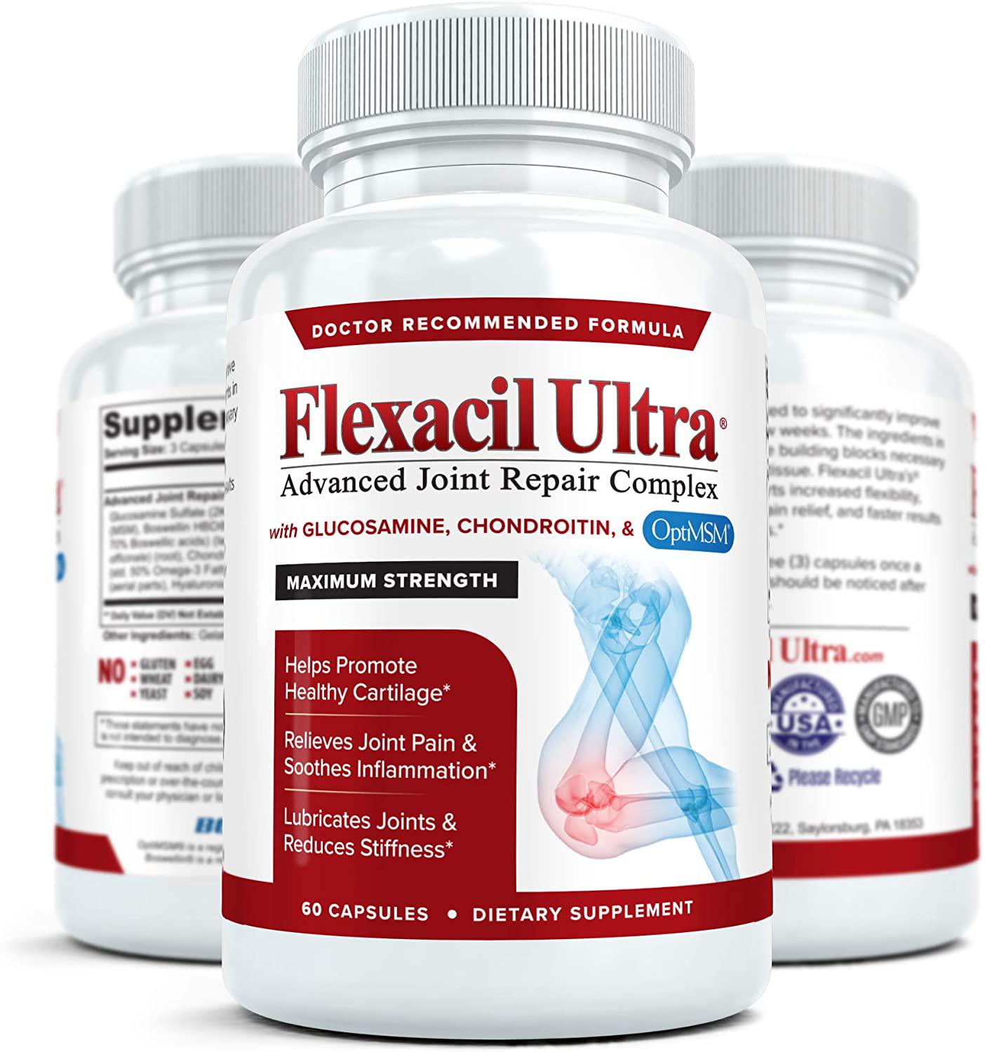 Flexacil Ultra - Maximum Strength Joint Pain Relief Supplement (3 Bottles) | Glucosamine, Chondroitin, Hyaluronic Acid and MSM | Anti-Inflammatory for Healthy Hand, Back and Knee Function | 60 Caps Each