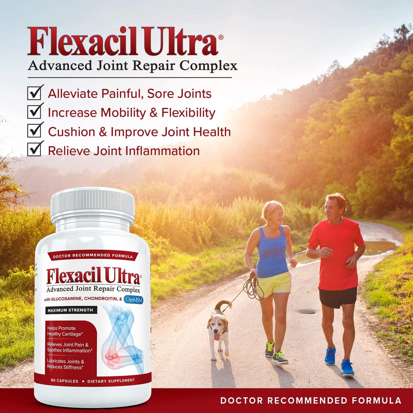 Flexacil Ultra - Maximum Strength Joint Pain Relief Supplement (3 Bottles) | Glucosamine, Chondroitin, Hyaluronic Acid and MSM | Anti-Inflammatory for Healthy Hand, Back and Knee Function | 60 Caps Each