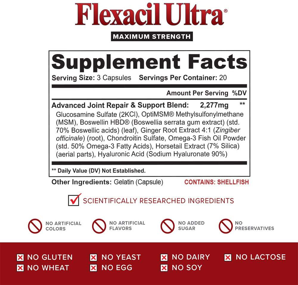 Flexacil Ultra - Maximum Strength Joint Pain Relief Supplement (3 Bottles) | Glucosamine, Chondroitin, Hyaluronic Acid and MSM | Anti-Inflammatory for Healthy Hand, Back and Knee Function | 60 Caps Each