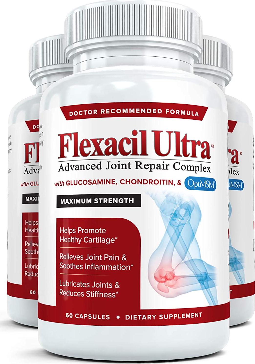 Flexacil Ultra - Maximum Strength Joint Pain Relief Supplement (3 Bottles) | Glucosamine, Chondroitin, Hyaluronic Acid and MSM | Anti-Inflammatory for Healthy Hand, Back and Knee Function | 60 Caps Each