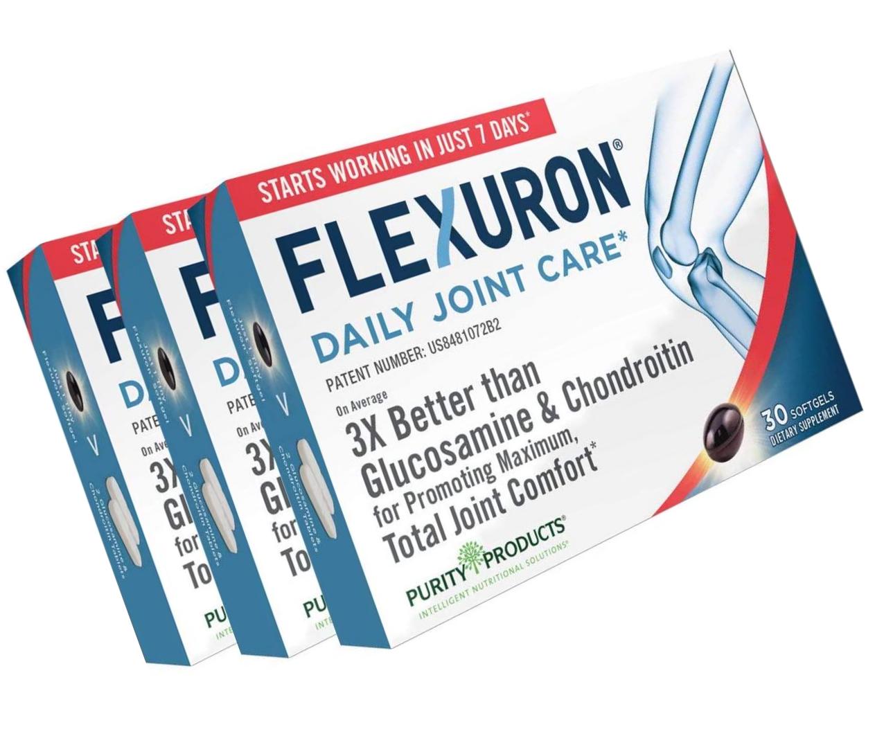 Flexuron Joint Formula by Purity Products - 3X Better Than Glucosamine and Chondroitin - Starts Working in just 7 Days - Krill Oil, Low Molecular Weight Hyaluronic Acid, Astaxanthin - 30 Count (3)