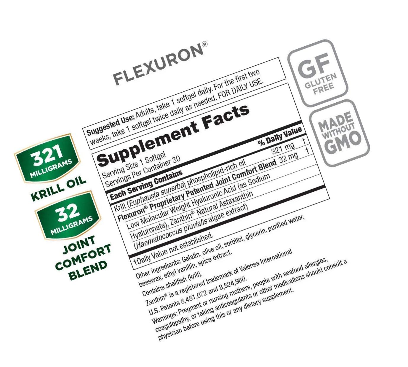 Flexuron Joint Formula by Purity Products - 3X Better Than Glucosamine and Chondroitin - Starts Working in just 7 Days - Krill Oil, Low Molecular Weight Hyaluronic Acid, Astaxanthin - 30 Count (3)