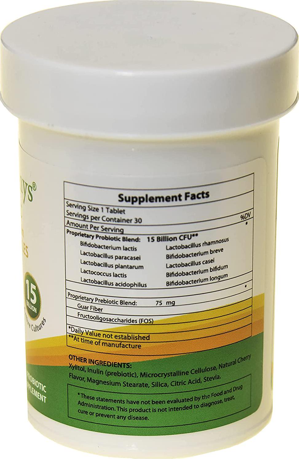 FloraTummys Adult Chewable Probiotic and Prebiotic, Non-Dairy, Gluten Free, Sugar-Free, Great Tasting Naturally Flavored Chewable Tablets. Multi-Strain Probiotic 15 Billion CFU
