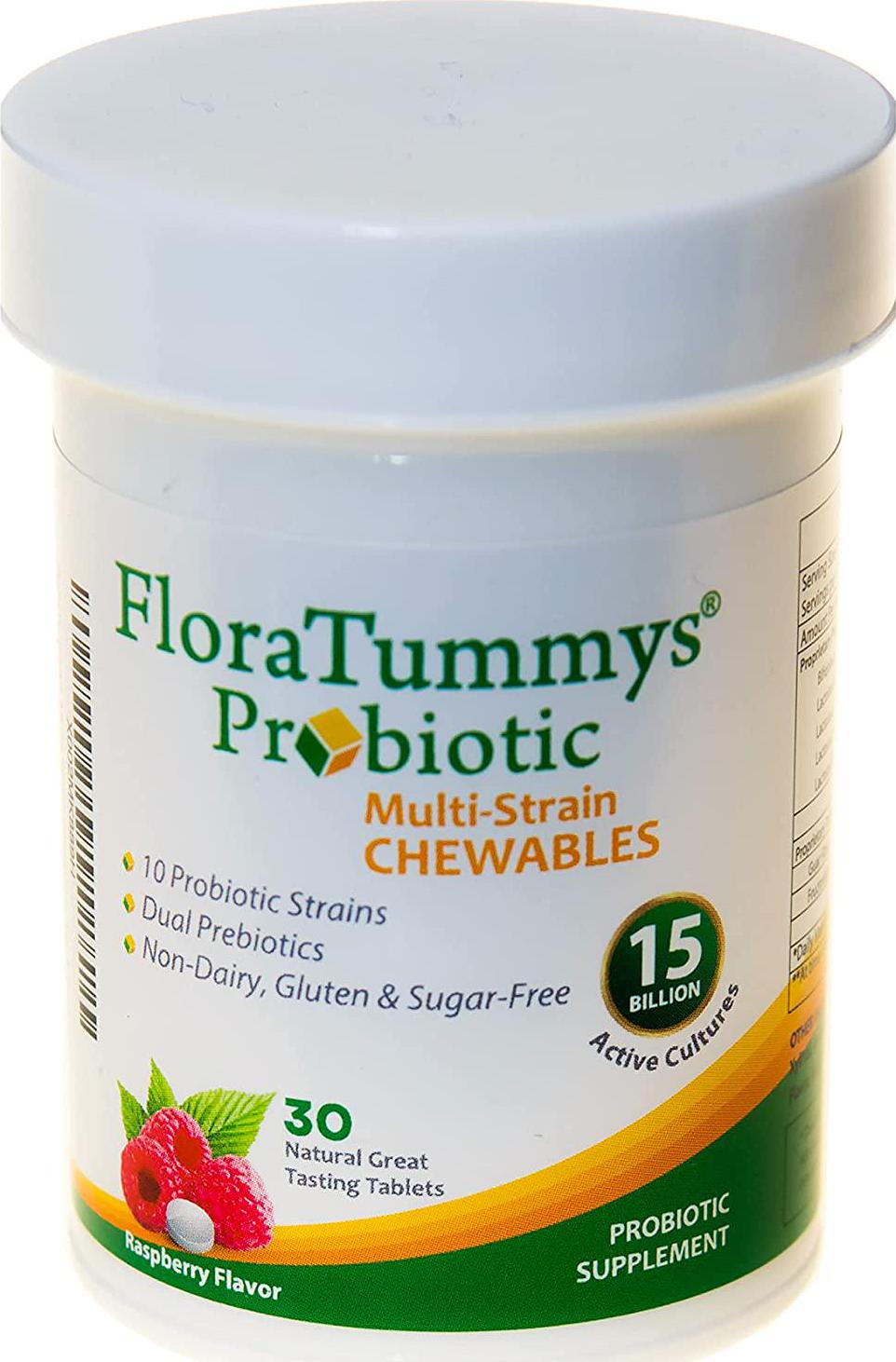 FloraTummys Adult Chewable Probiotic and Prebiotic, Non-Dairy, Gluten Free, Sugar-Free, Great Tasting Naturally Flavored Chewable Tablets. Multi-Strain Probiotic 15 Billion CFU