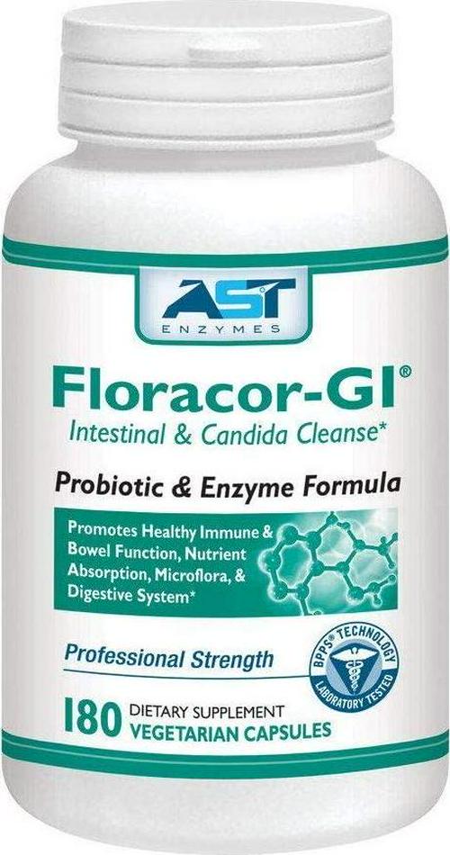 Floracor-GI - 180 Vegetarian Capsules - Intestinal and Candida Cleanse for Maximum Absorption - Natural Premium Probiotic, Prebiotic and Enzyme Formula - AST Enzymes