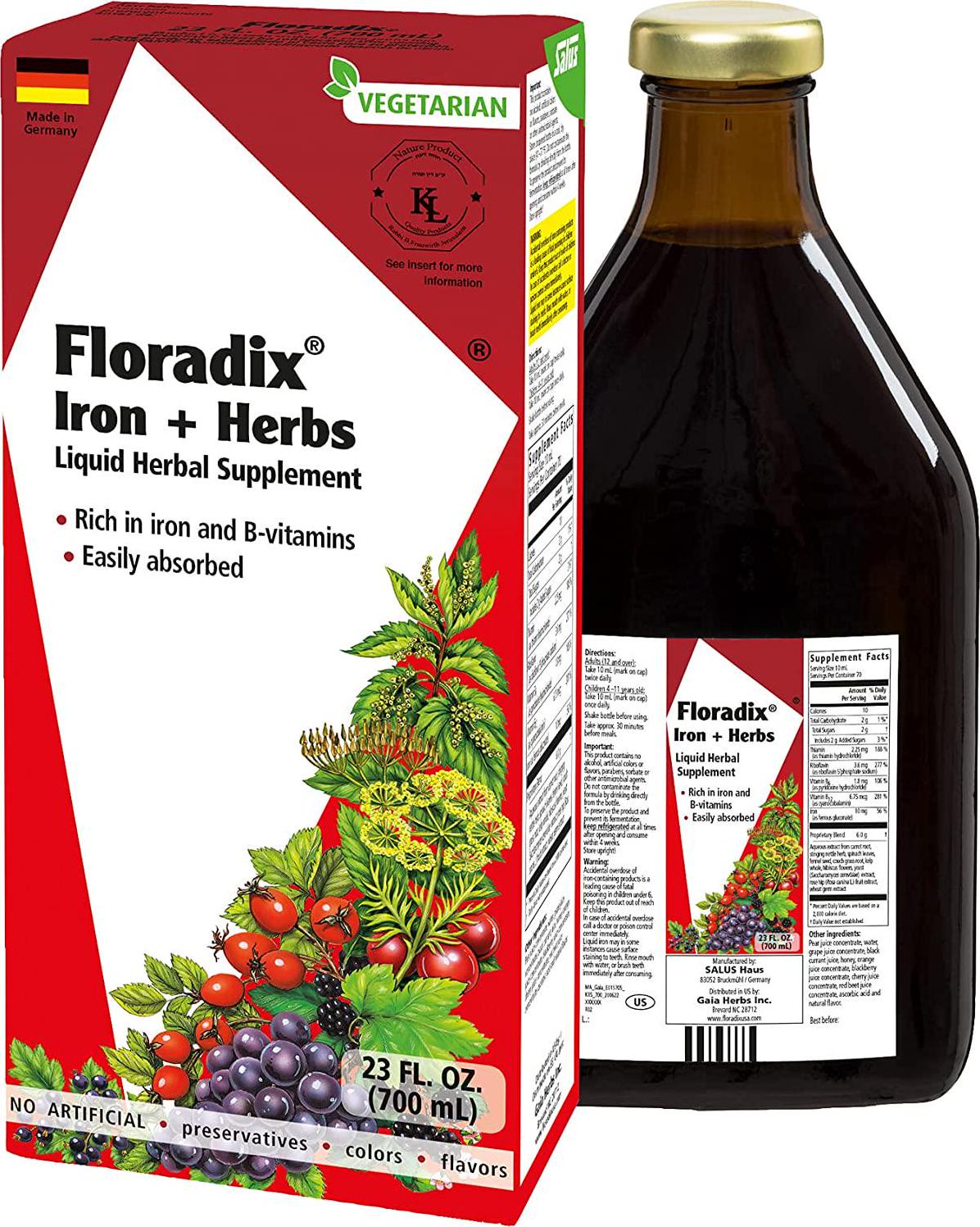 Floradix, Iron and Herbs Vegetarian Liquid Supplement for Energy Support, 23 Oz