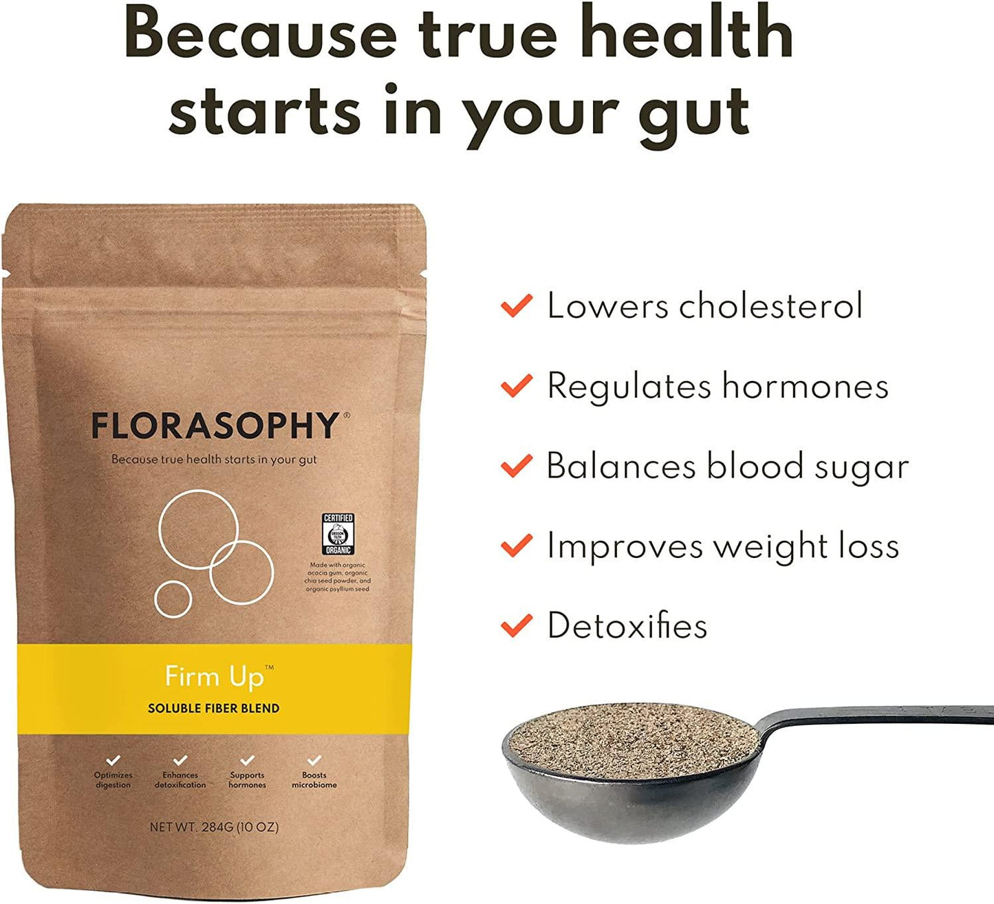 Florasophy Firm Up - Soluble Organic Prebiotic Fiber Supplement Powder for Digestive Health, Diarrhea, Irritable Bowel Syndrome, 36 Servings