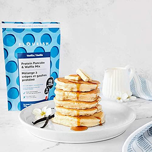 Flourish Vanilla Protein Pancake and Waffle Mix, Whey Protein Isolate and Flax Seed, Non-GMO, No Added Sugar, Superfood, High Protein and Fiber, Just Add Water - 16oz