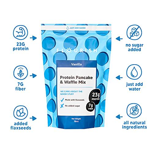 Flourish Vanilla Protein Pancake and Waffle Mix, Whey Protein Isolate and Flax Seed, Non-GMO, No Added Sugar, Superfood, High Protein and Fiber, Just Add Water - 16oz
