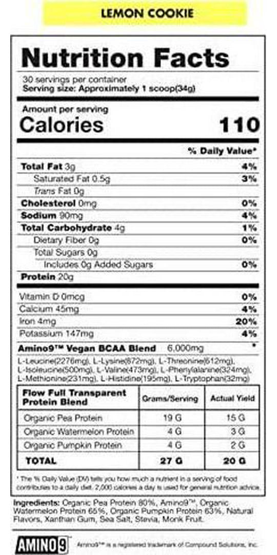 Flow Supplements Plant-Based Protein Plus Lemon Cookie Plus Vegan-Friendly Amino9â ¢ | Non-GMO Lean Meal Replacement Rich with Vitamins, Minerals, Antioxidants, BCAAs, EAAs, 30 Serving