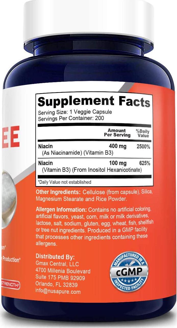 Flush Free Niacin 500mg 200caps (Non-GMO and Gluten Free) Supports Nervous System and Energy Production