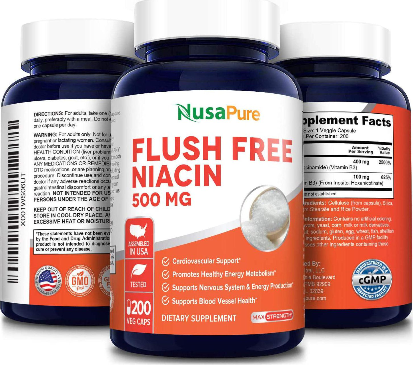 Flush Free Niacin 500mg 200caps (Non-GMO and Gluten Free) Supports Nervous System and Energy Production