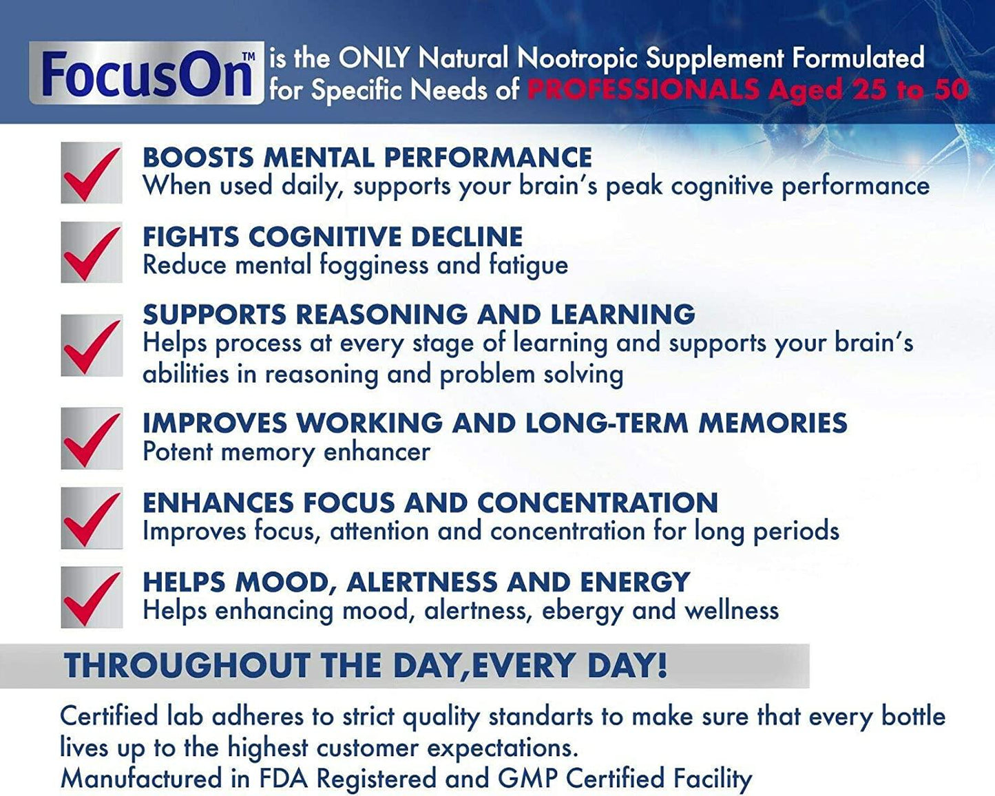 FocusOn Brain Booster Supplement Pills - Immune, Energy Memory for Professionals Aged 25-50 - Gluten Free and Non-GMO (Focus ON Age 25-50)