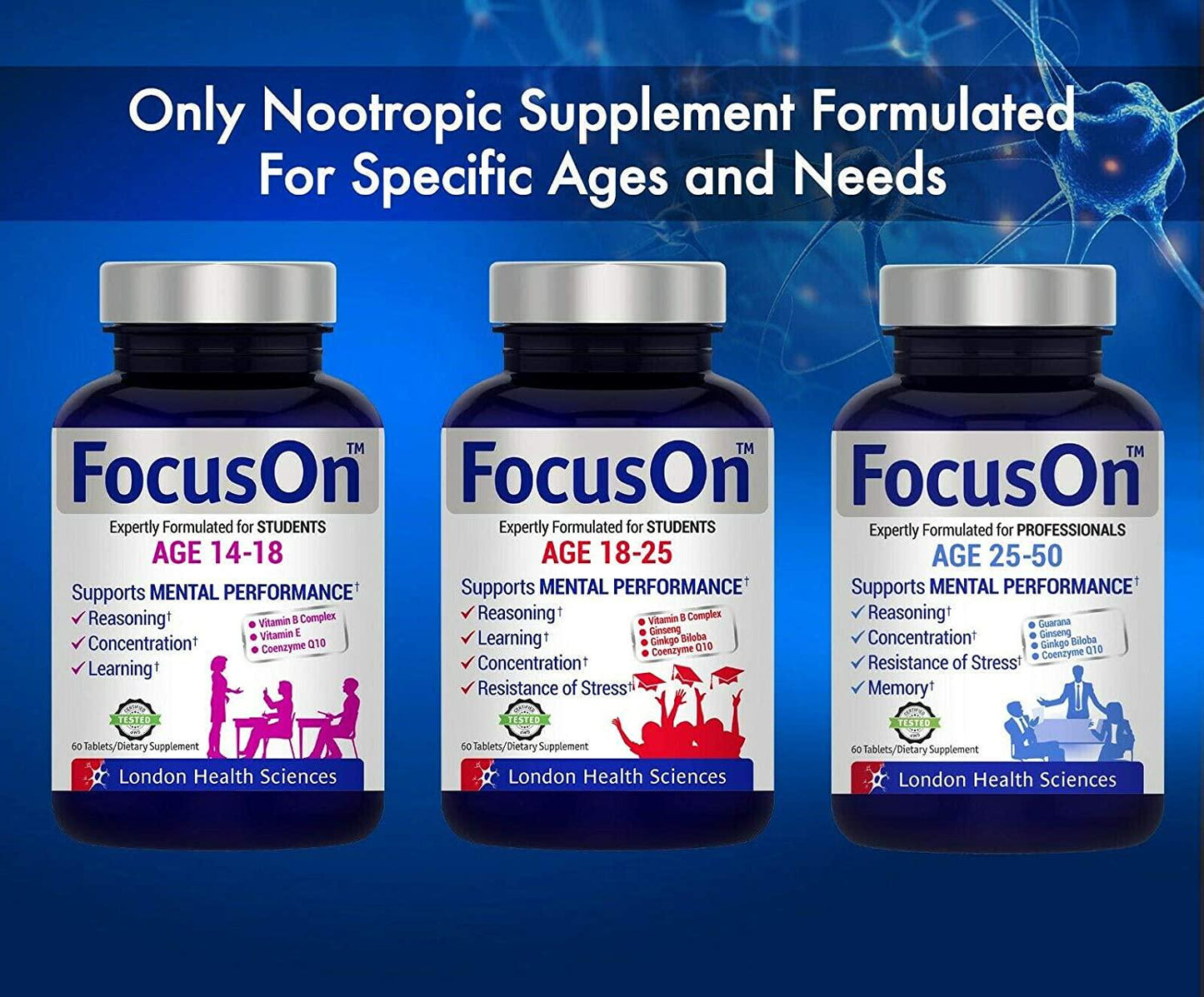 FocusOn Brain Booster Supplement Pills - Immune, Energy Memory for Professionals Aged 25-50 - Gluten Free and Non-GMO (Focus ON Age 25-50)