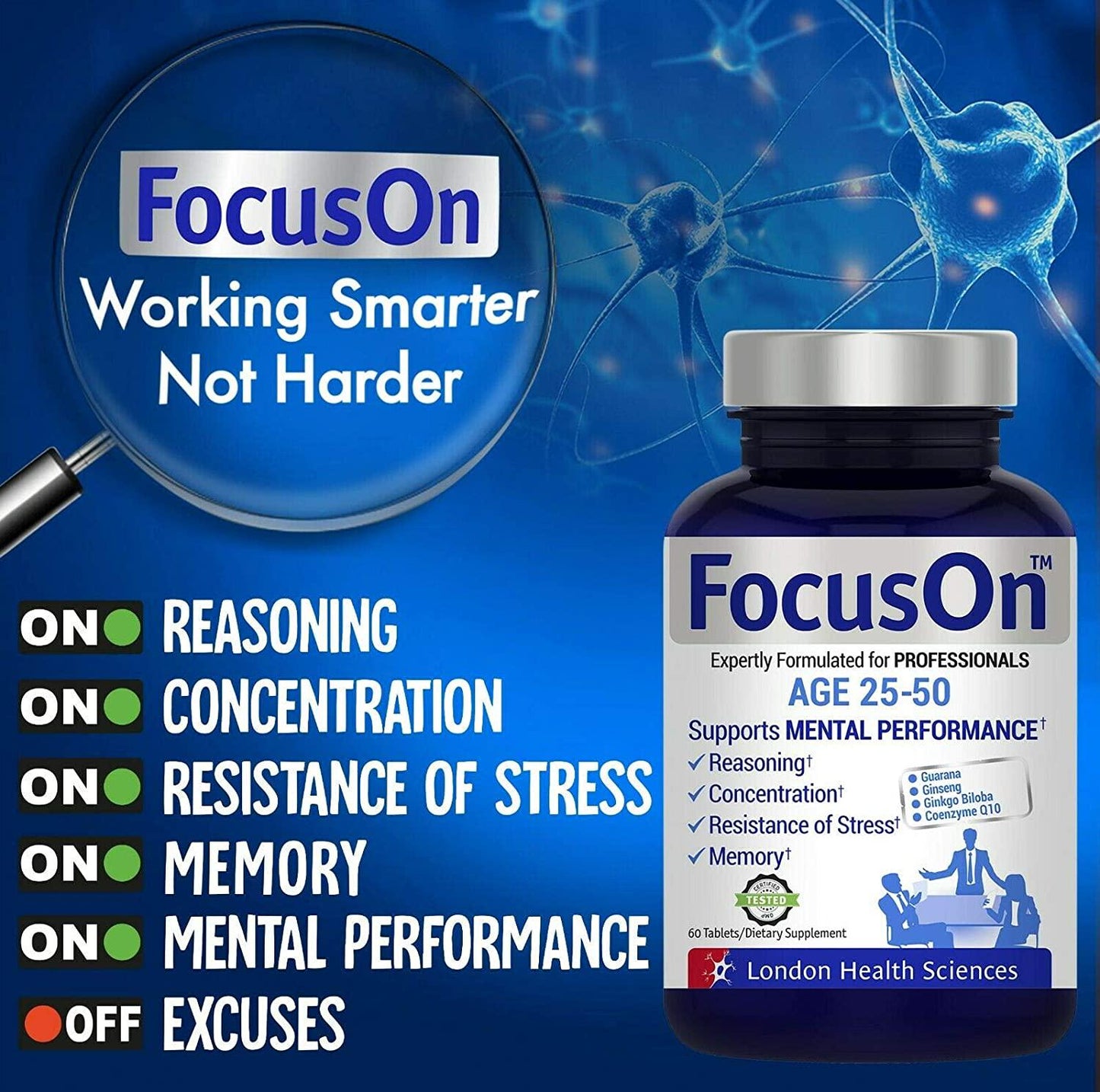 FocusOn Brain Booster Supplement Pills - Immune, Energy Memory for Professionals Aged 25-50 - Gluten Free and Non-GMO (Focus ON Age 25-50)