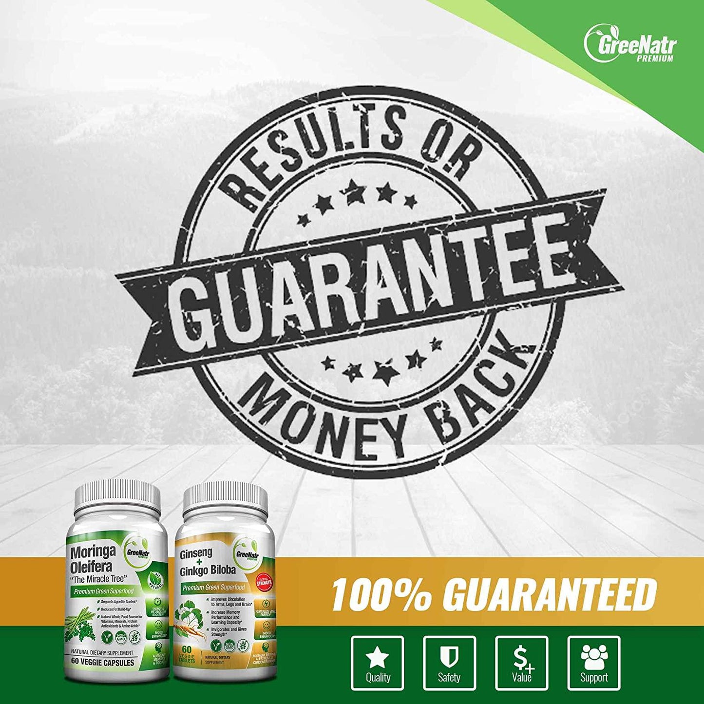 Focus + Energy Bundle | Panax Ginseng and Ginkgo Biloba Tablets + Moringa Oleifera Capsules - Premium Non-GMO/Veggie Superfood - Traditional Energy Booster and Brain Sharpener - Unique Trio Supplement