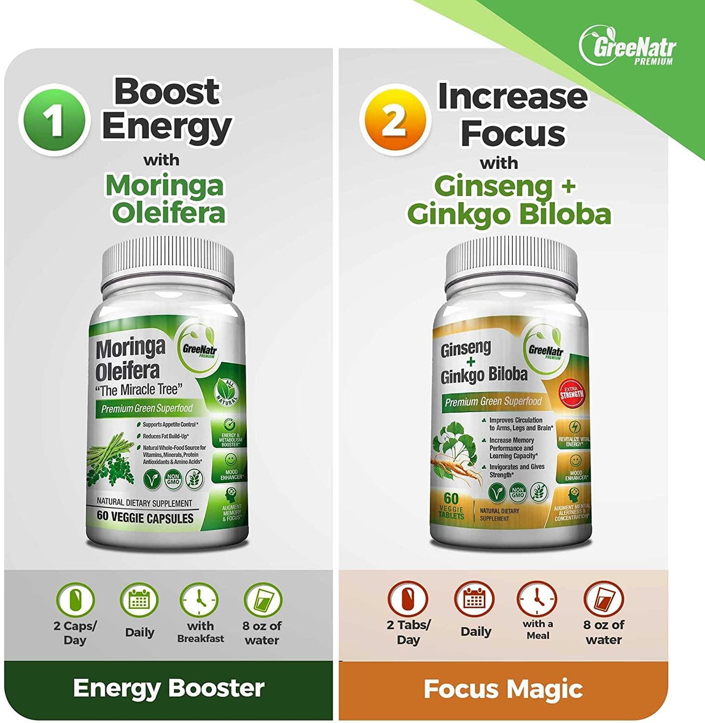 Focus + Energy Bundle | Panax Ginseng and Ginkgo Biloba Tablets + Moringa Oleifera Capsules - Premium Non-GMO/Veggie Superfood - Traditional Energy Booster and Brain Sharpener - Unique Trio Supplement