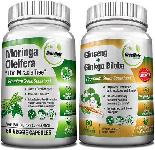 Focus + Energy Bundle | Panax Ginseng and Ginkgo Biloba Tablets + Moringa Oleifera Capsules - Premium Non-GMO/Veggie Superfood - Traditional Energy Booster and Brain Sharpener - Unique Trio Supplement