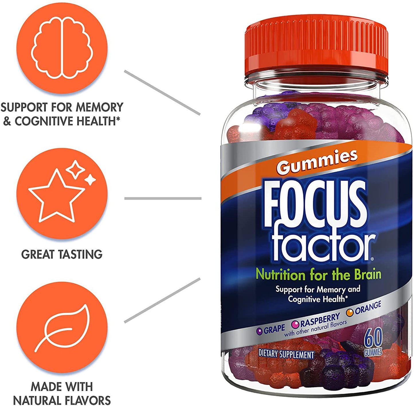 Focus Factor Nootropic Gummies - Memory Supplement for Brain, Phosphatidylserine, Bacopa, Huperzine A (60 Count)