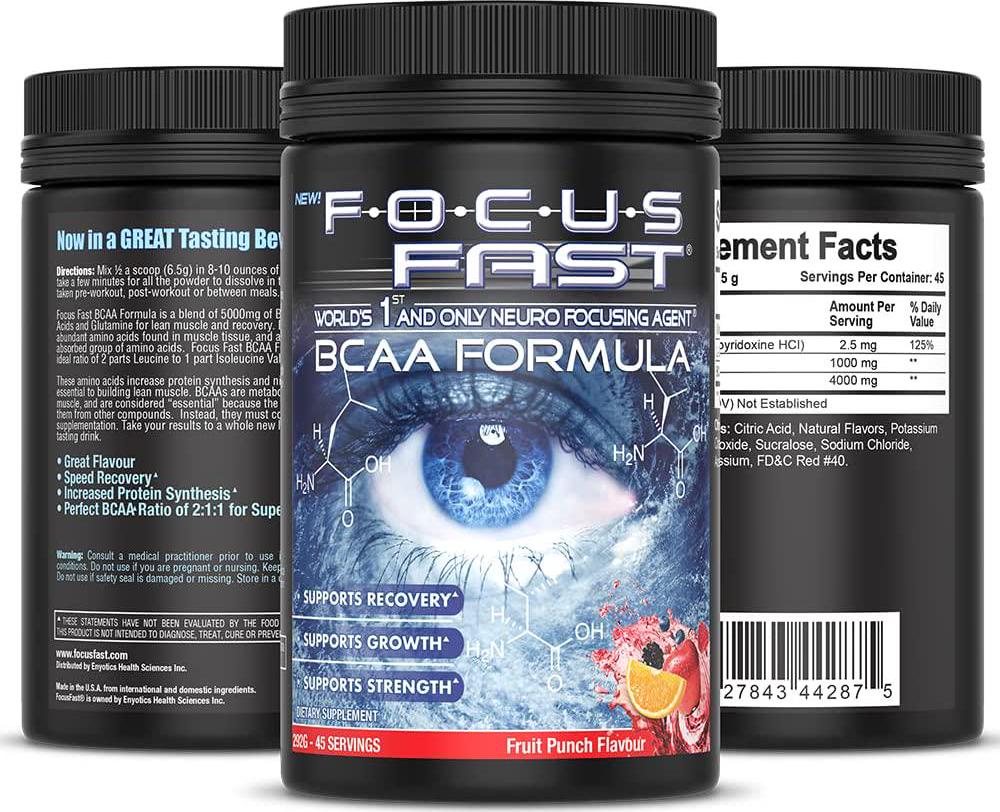 Focus Fast BCAA Formula Powder - Branched Chain Amino Acids 2:1:1. Support Recovery, Growth and Strength. Fruit Punch