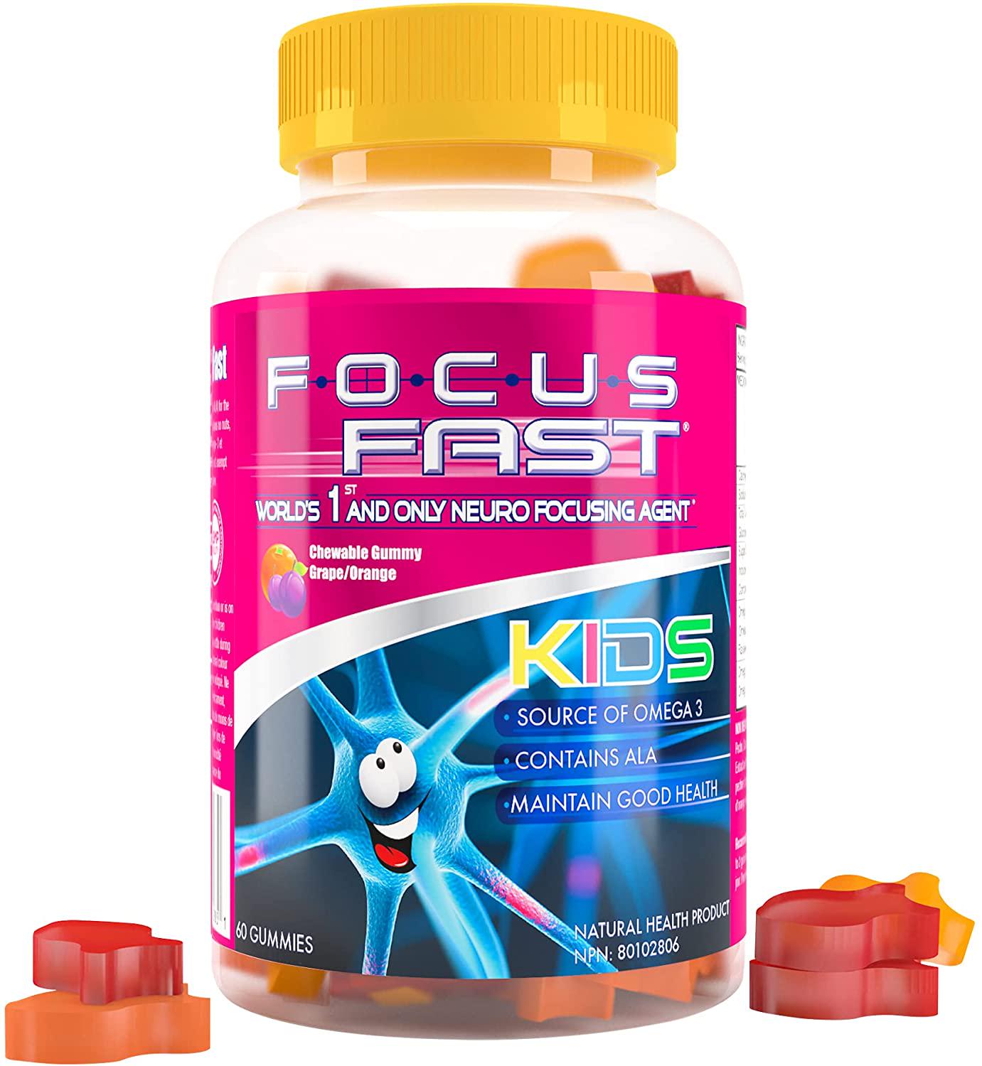 Focus Fast Kids Omega 3, 6, 9 Chewable Gummies. Support Brain Function and Cognition. Non GMO, Vegan, Kosher, Plant with Flax Oil and Alpha-linolenic Acid. Delicious chewable Grape/Orange.