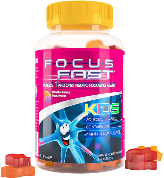Focus Fast Kids Omega 3, 6, 9 Chewable Gummies. Support Brain Function and Cognition. Non GMO, Vegan, Kosher, Plant with Flax Oil and Alpha-linolenic Acid. Delicious chewable Grape/Orange.