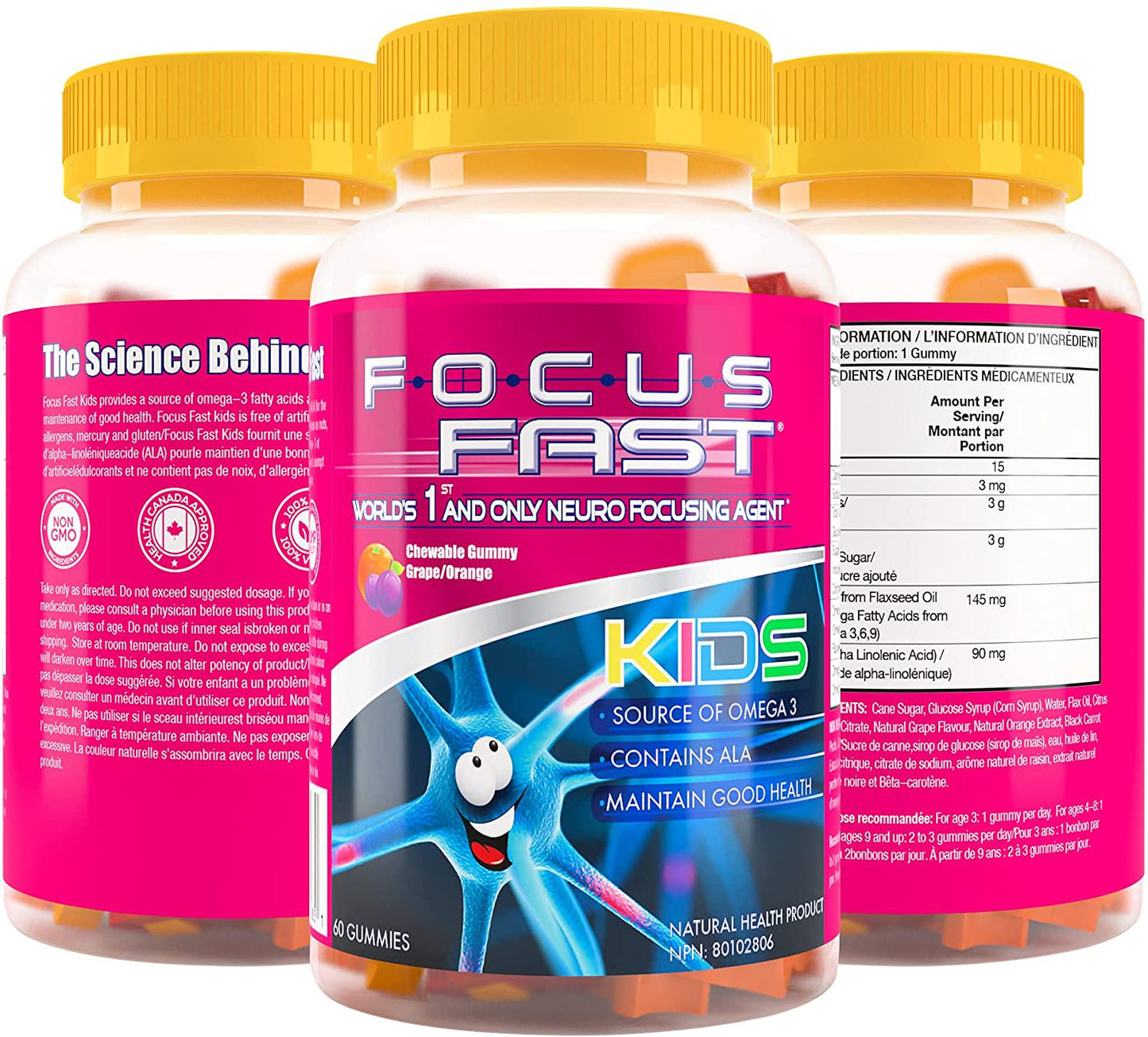 Focus Fast Kids Omega 3, 6, 9 Chewable Gummies. Support Brain Function and Cognition. Non GMO, Vegan, Kosher, Plant with Flax Oil and Alpha-linolenic Acid. Delicious chewable Grape/Orange.