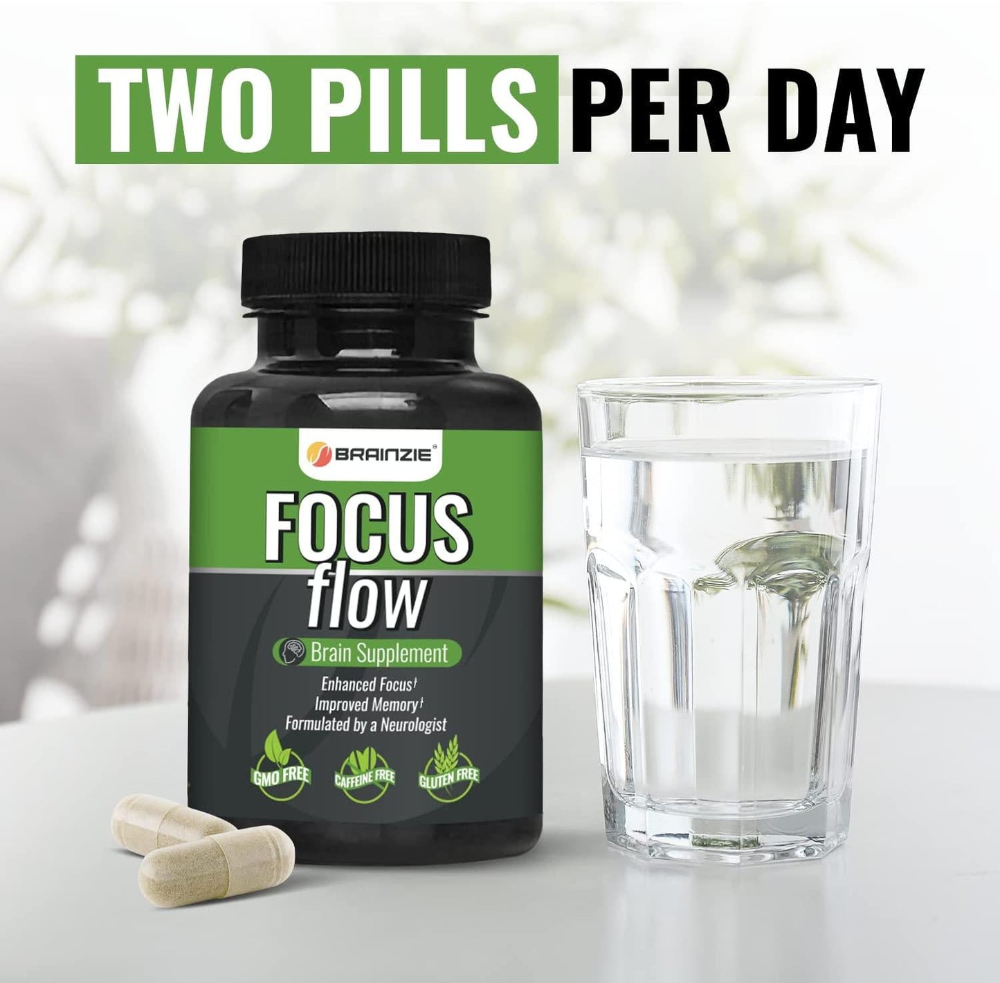 Focus Flow Nootropics Brain Booster Supplement for Focus, Memory and Clarity* - 60 Veggie Capsules - Caffeine Free - 7 Proven Ingredients