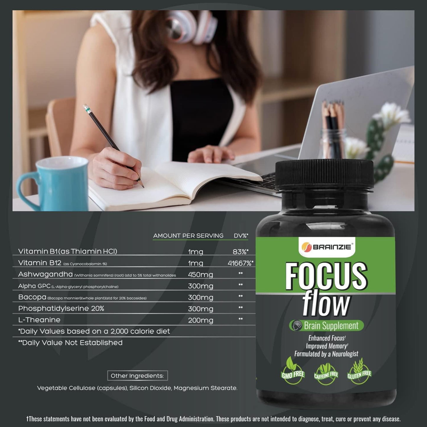 Focus Flow Nootropics Brain Booster Supplement for Focus, Memory and Clarity* - 60 Veggie Capsules - Caffeine Free - 7 Proven Ingredients