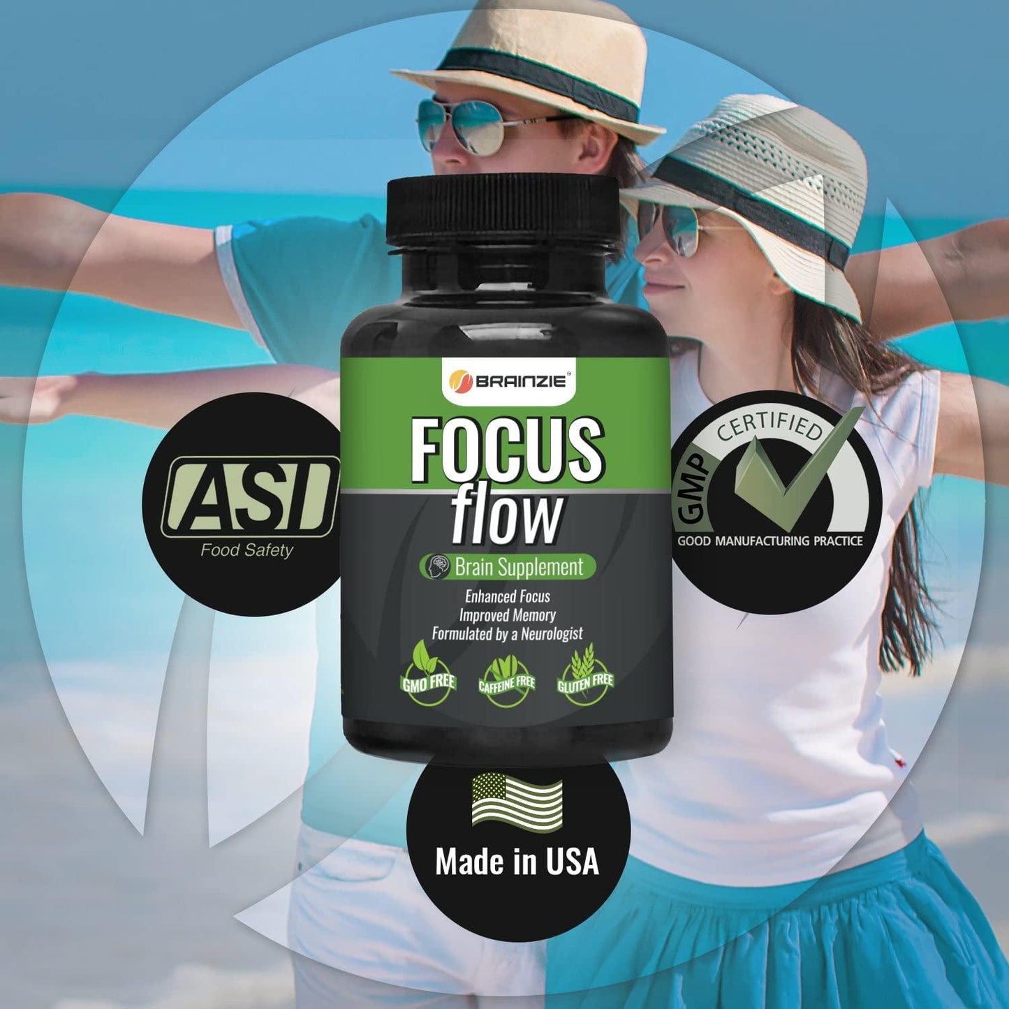Focus Flow Nootropics Brain Booster Supplement for Focus, Memory and Clarity* - 60 Veggie Capsules - Caffeine Free - 7 Proven Ingredients