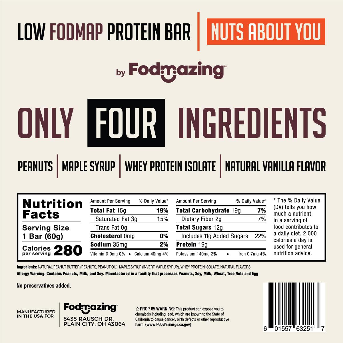 Fodmazing Fodmap Bars, Low Fodmap Protein Bar, Made with Four Simple Ingredients, Gut Friendly IBS Friendly Snacks, Amazing Taste, Fodmap Approved (12 Bars, Nuts About You)