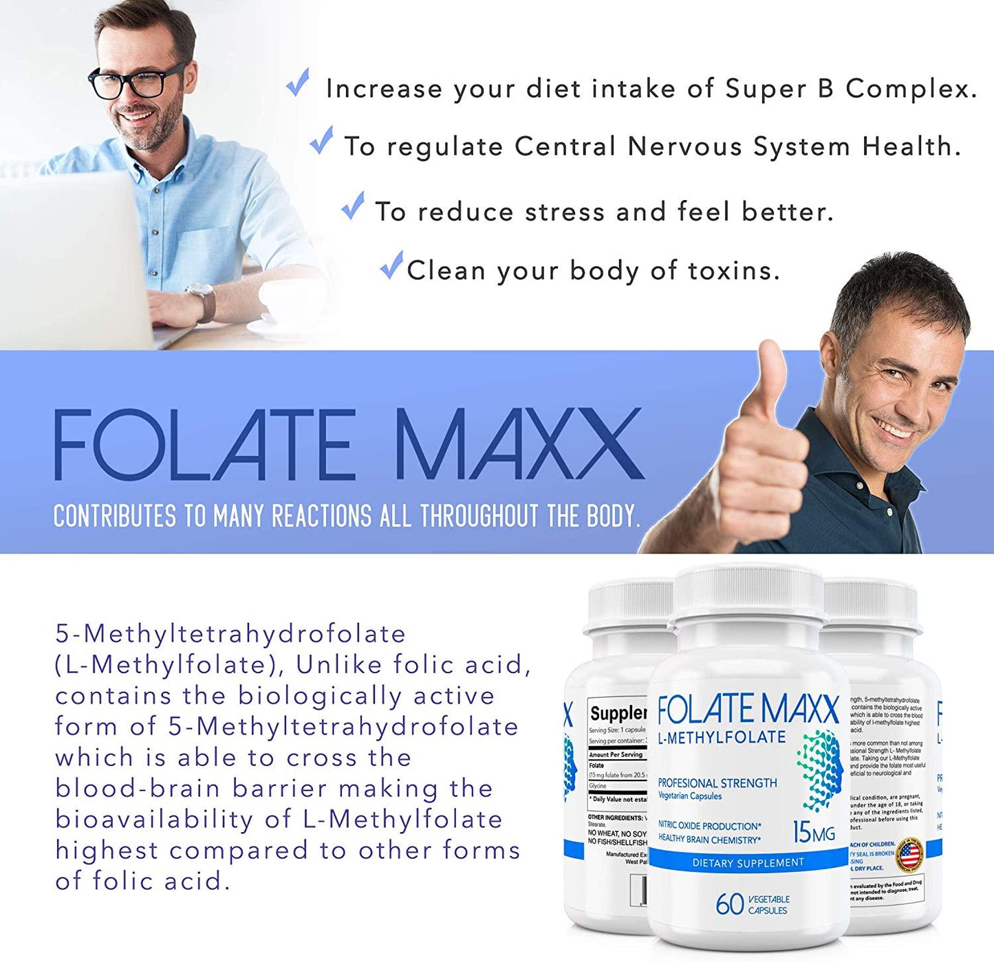 FolateMaxx L-Methylfolate 15 mg 60 Capsules Active Folate Non-GMO Methyl Folate, 5-MTHF