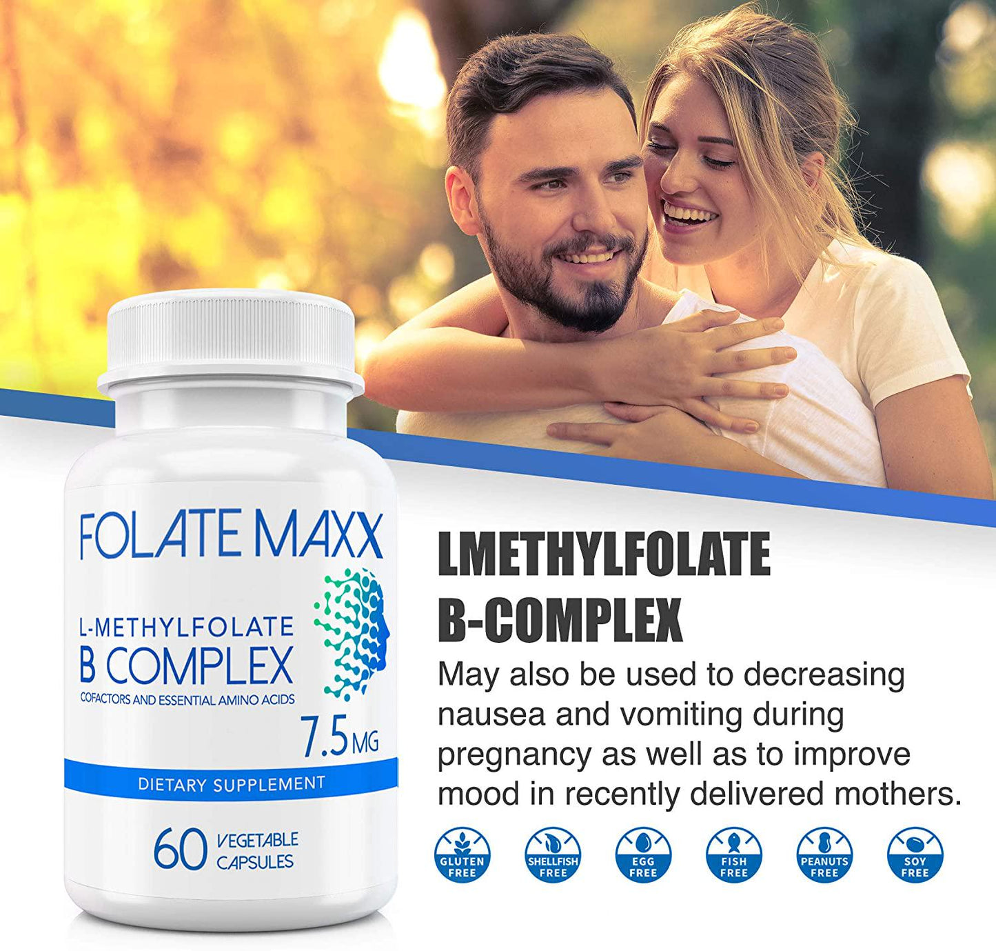 FolateMaxx L-Methylfolate 7.5 MG + B12 B6 B Complex 60 ct Professional Active Folate Non-GMO Gluten Free Methyl Folate, 5-MTHF