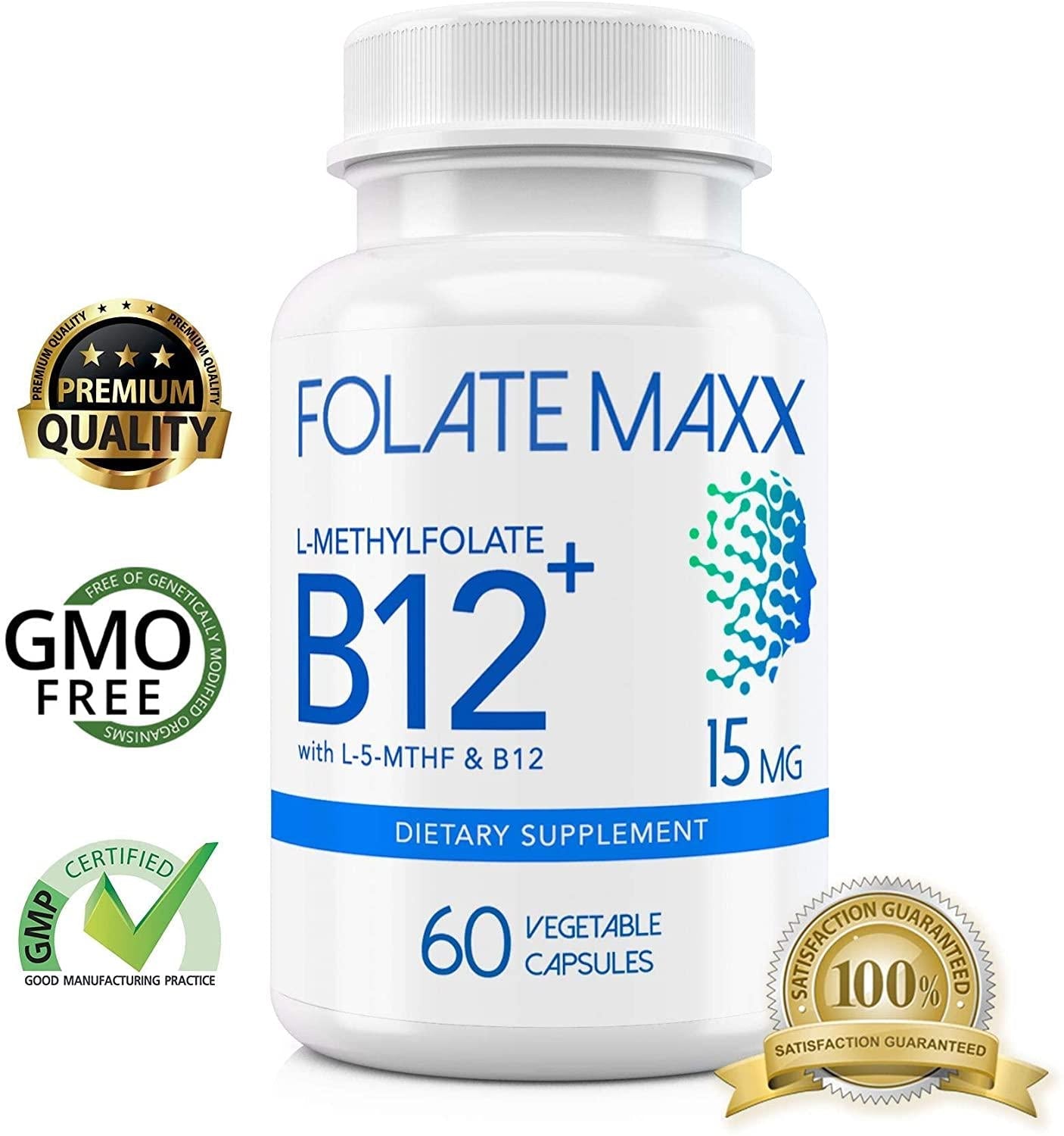 FolateMaxx L-Methylfolate 15 MG + B 12 Blend 60 ct Professional Active Folate Non-GMO Gluten Free Methyl Folate, 5-MTHF
