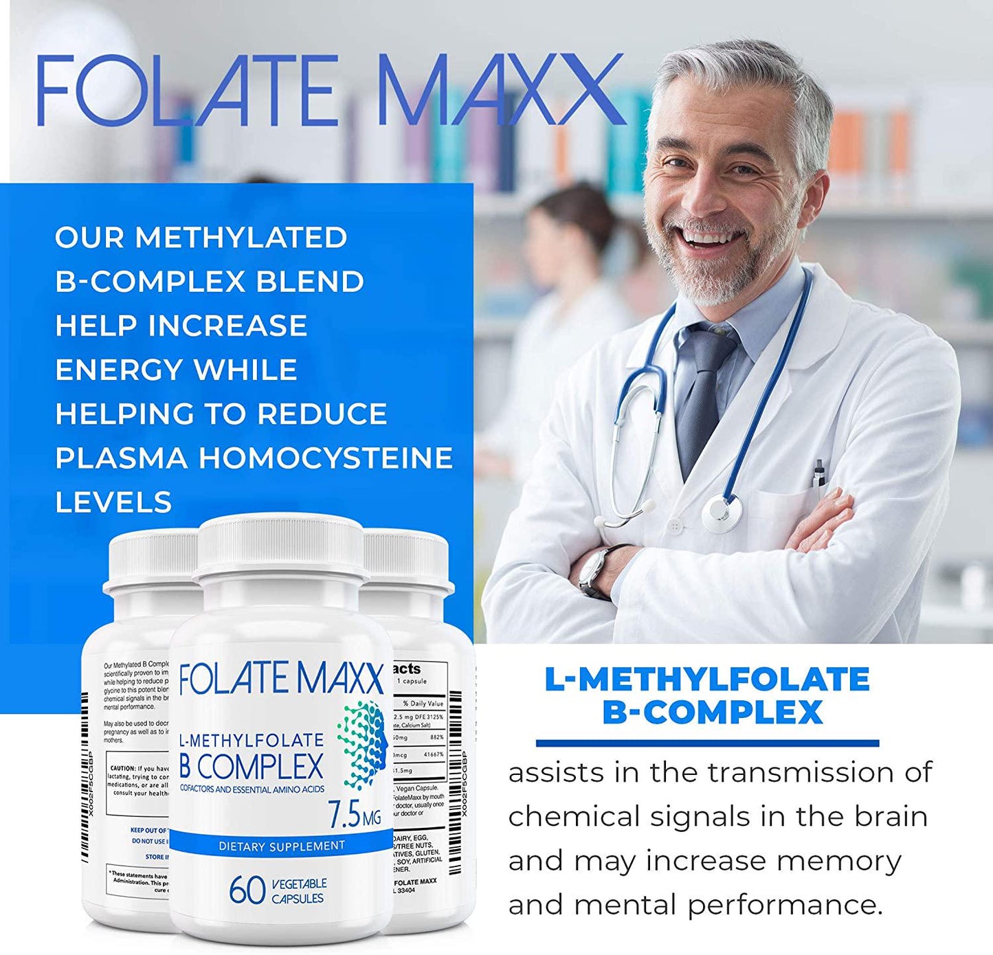 FolateMaxx L-Methylfolate 7.5 MG + B12 B6 B Complex 60 ct Professional Active Folate Non-GMO Gluten Free Methyl Folate, 5-MTHF