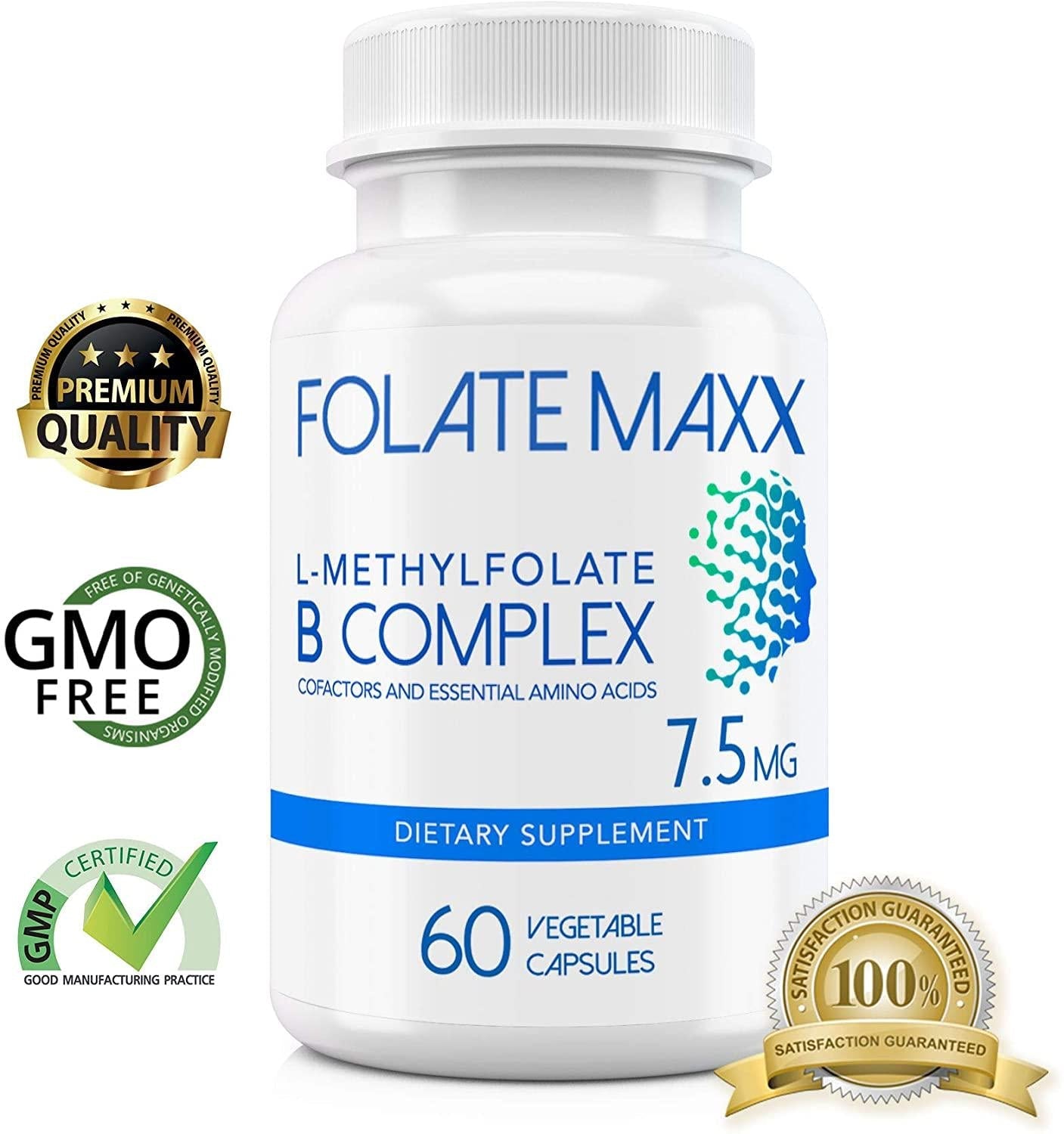 FolateMaxx L-Methylfolate 7.5 MG + B12 B6 B Complex 60 ct Professional Active Folate Non-GMO Gluten Free Methyl Folate, 5-MTHF