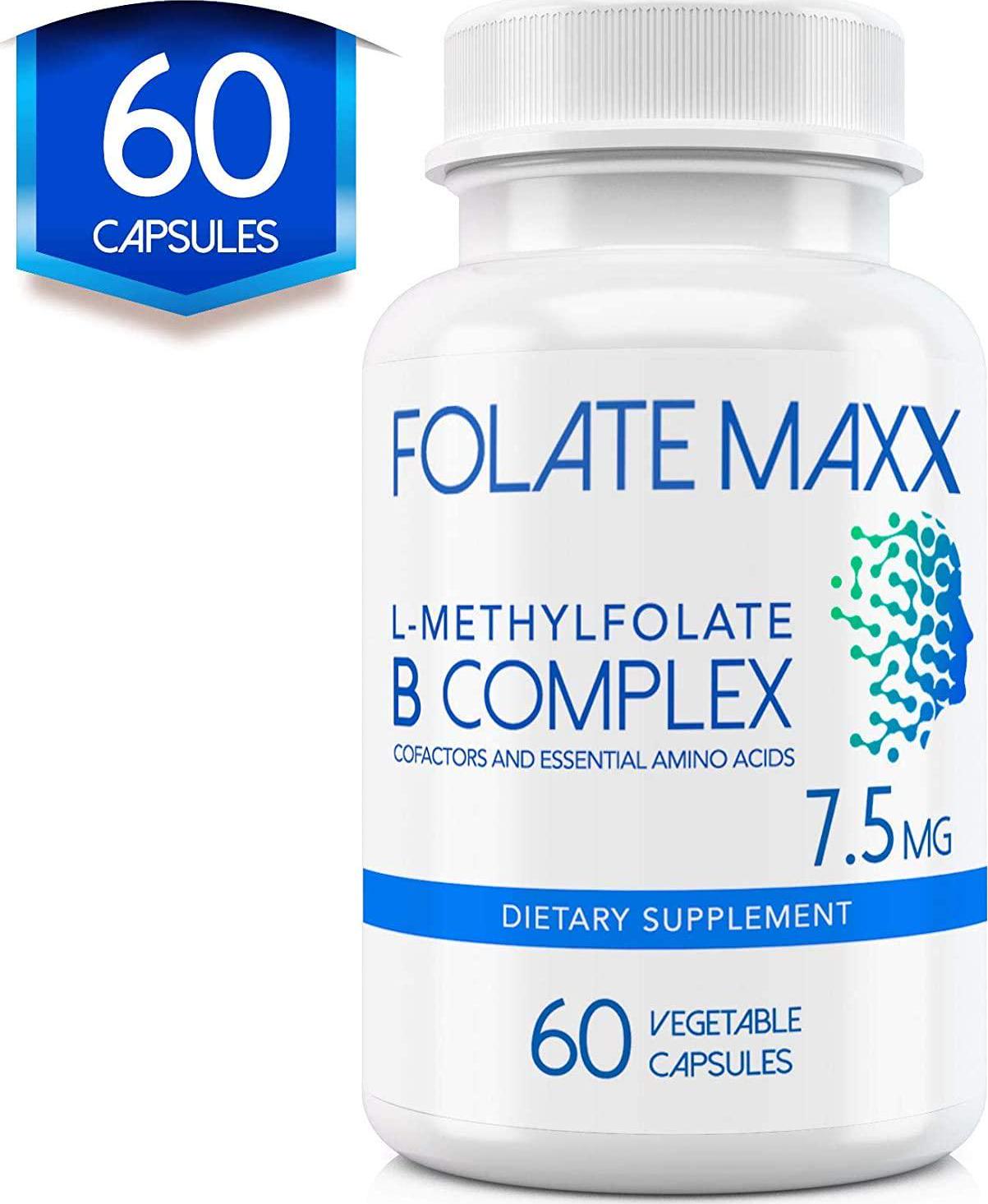 FolateMaxx L-Methylfolate 7.5 MG + B12 B6 B Complex 60 ct Professional Active Folate Non-GMO Gluten Free Methyl Folate, 5-MTHF
