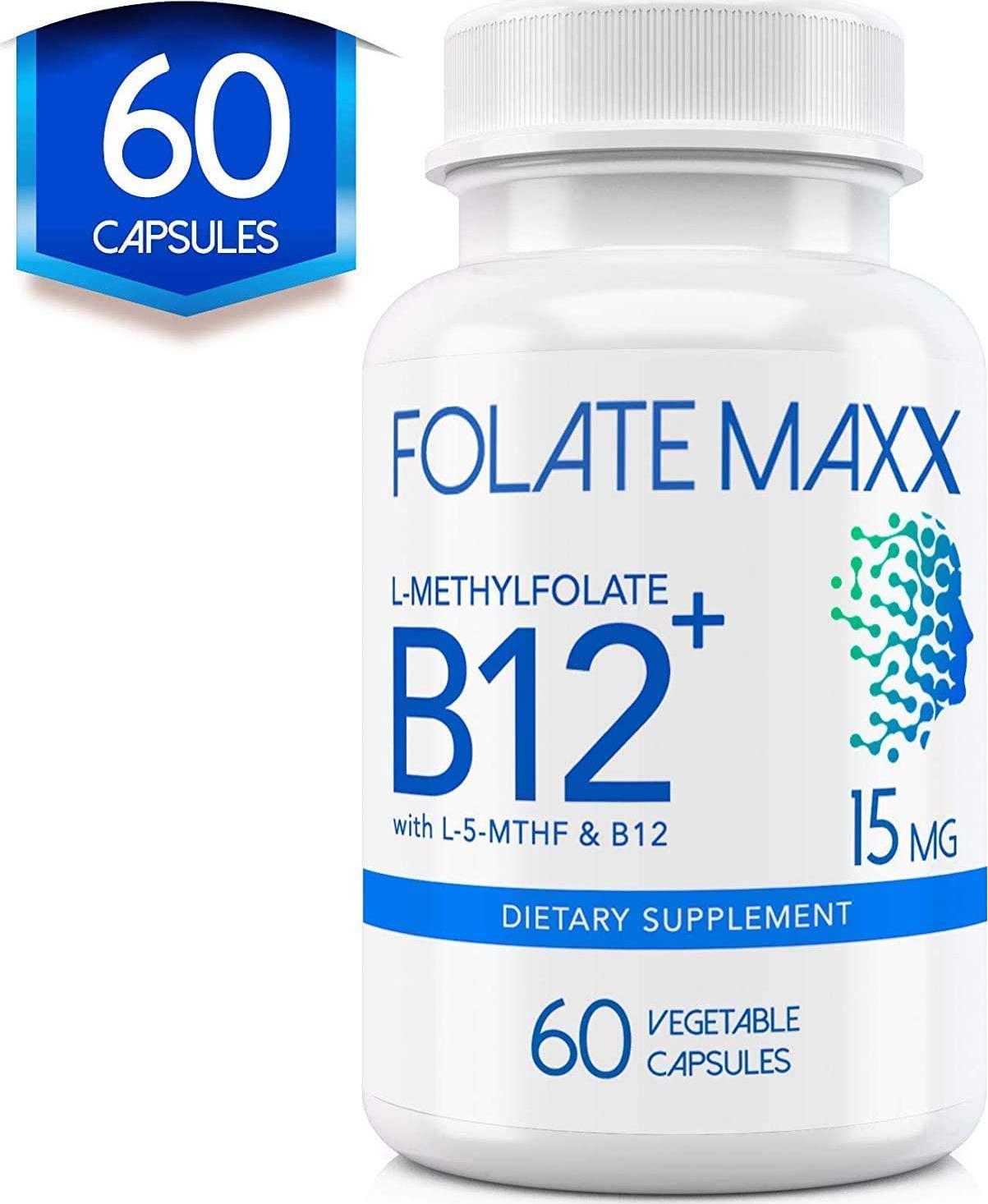 FolateMaxx L-Methylfolate 15 MG + B 12 Blend 60 ct Professional Active Folate Non-GMO Gluten Free Methyl Folate, 5-MTHF