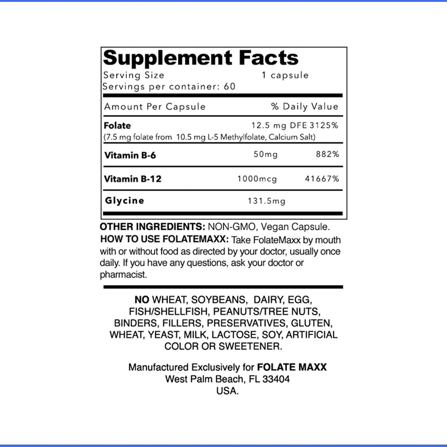 FolateMaxx L-Methylfolate 7.5 MG + B12 B6 B Complex 60 ct Professional Active Folate Non-GMO Gluten Free Methyl Folate, 5-MTHF