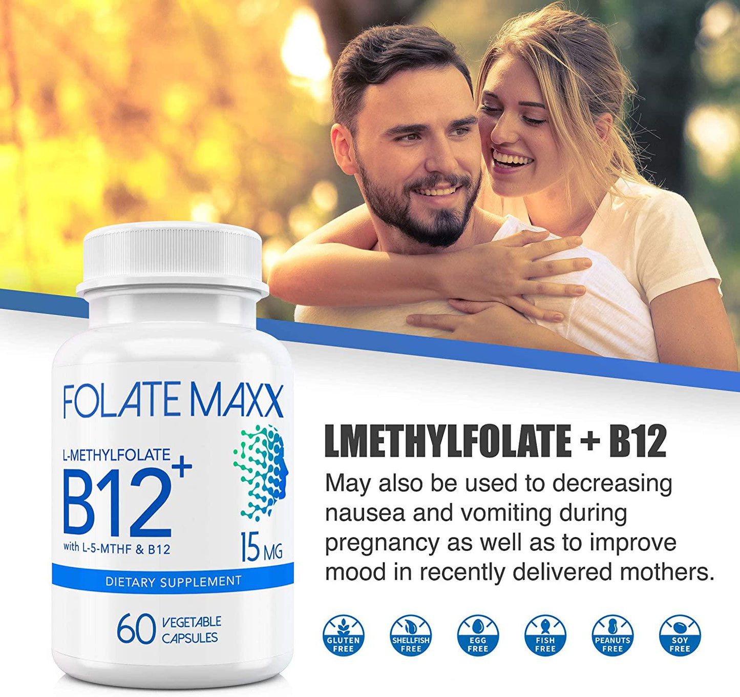 FolateMaxx L-Methylfolate 15 MG + B 12 Blend 60 ct Professional Active Folate Non-GMO Gluten Free Methyl Folate, 5-MTHF