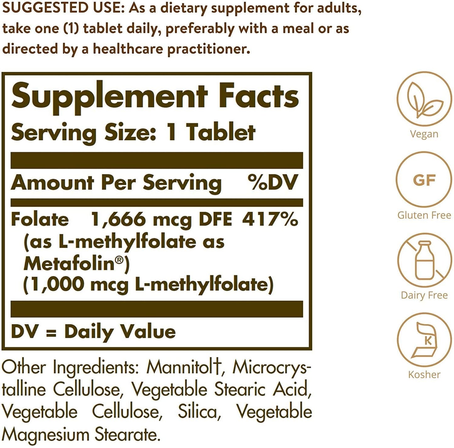 Folate 1000 MCG (MetafolinÂ 1,000 MCG) Tablets - 120 Count - 2 Pack