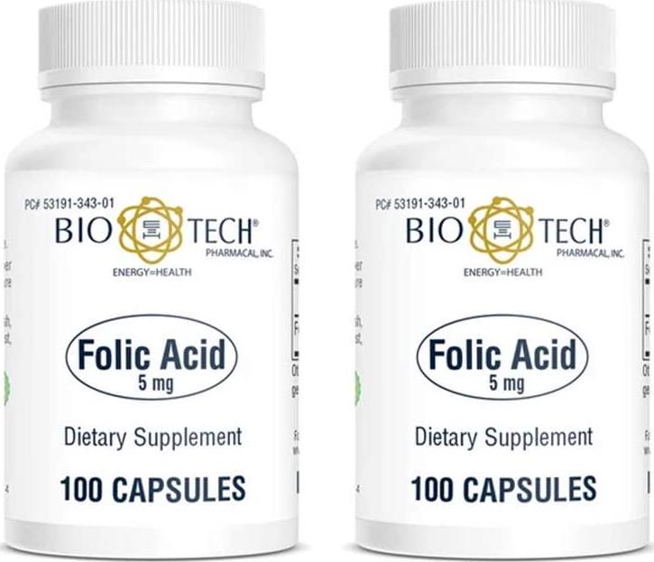 Folic Acid 5mg - BioTech Pharmacal - 100 Capsules - Pack of 2 Bottles by BioTech Pharma