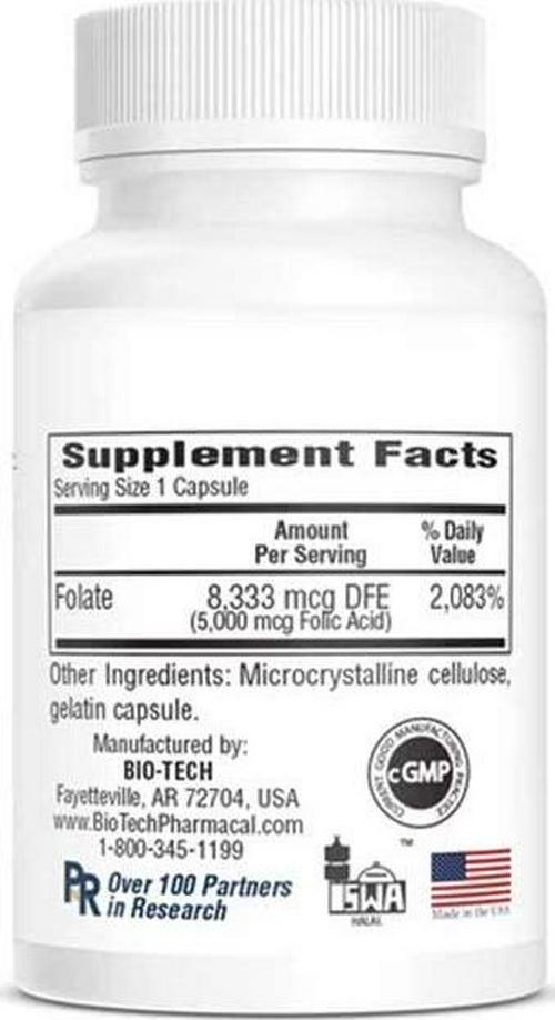 Folic Acid 5mg - BioTech Pharmacal - 100 Capsules - Pack of 2 Bottles by BioTech Pharma