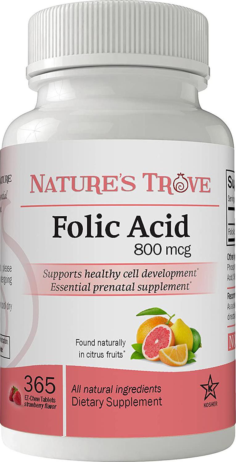 Folic Acid 800 mcg (B9 Vitamin) by Nature's Trove - 365 EZ Chew Tablets Strawberry Flavor